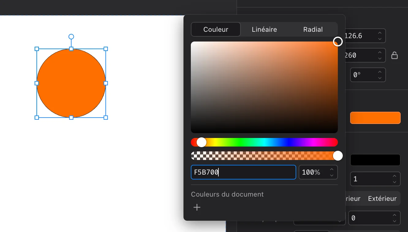 Le panneau de couleur ouvert sur le cercle : F5B700 tapé dans Hex, opacité 100 %