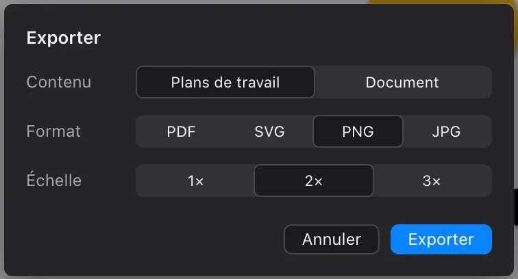 Le dialogue Exporter : Plans de travail, PNG, 2×