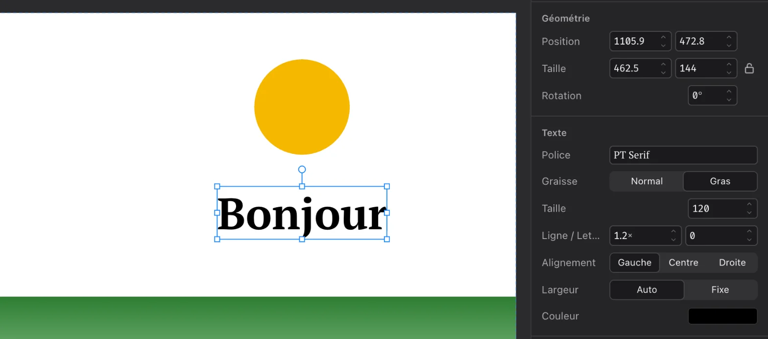 Le titre Bonjour sous le soleil ; la section Texte de l'inspecteur : PT Serif, Gras, taille 120